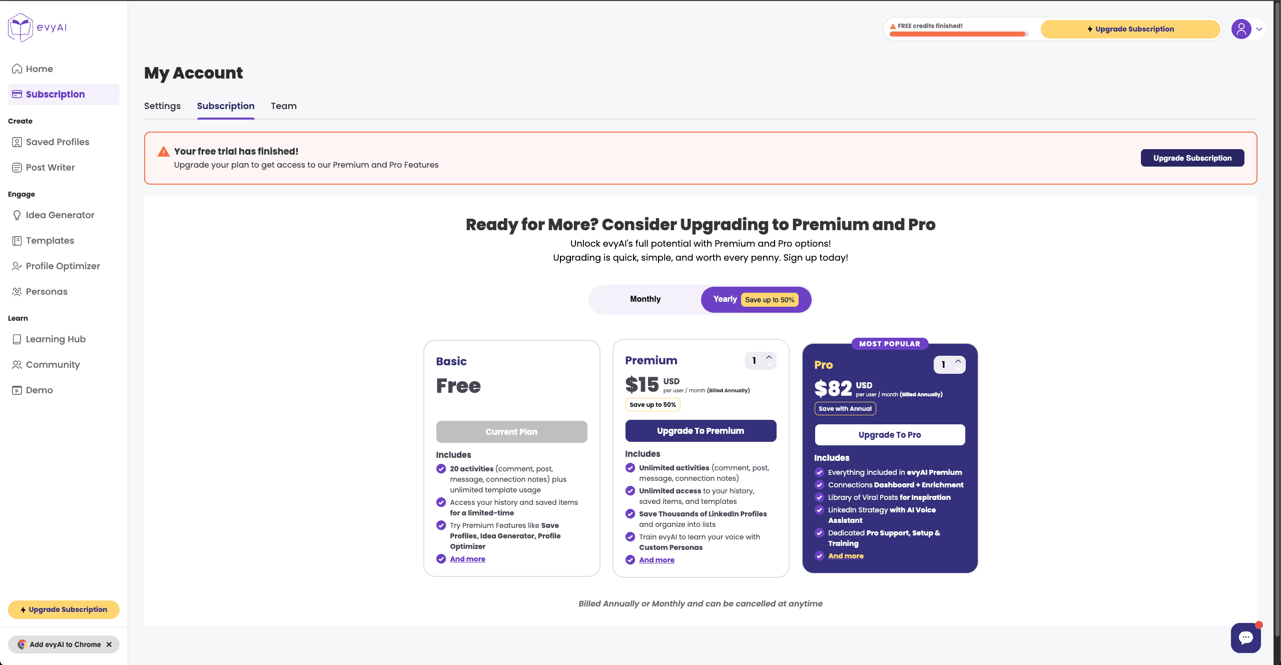 EvyAI Pricing Table - Subscription plans and pricing structure
